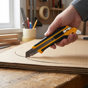 Close-up photo of the yellow/black Olfa utility knife cutting cardboard on a wooden workbench.