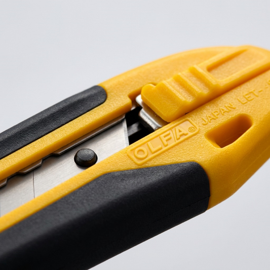 A close-up photograph of the yellow handle on an Olfa 9mm XA-1 knife, focusing on the slide lock mechanism, the rubber grip, and the blade.