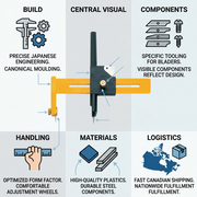 Infographic matrix with the OLFA CMP-1 cutter and fact icons emphasizing quality, specific features, handling, materials, and fast shipping from Canada.