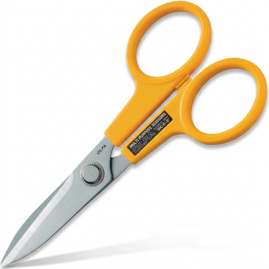 Hero shot of OLFA SCS-2 stainless steel scissors with yellow handles on white background.
