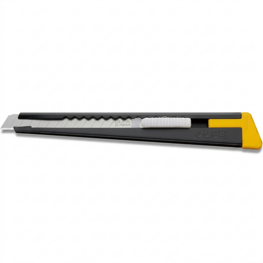 Olfa 9mm 180 snap-off knife with black body, silver blade, and yellow end clip on white background.