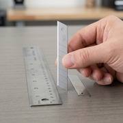 A detail shot showing the OLFA 18mm snap blade next to the thumb and index finger for size reference.