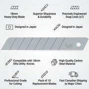 Visual infographic matrix for Olfa LB-10B snap-off blades, highlighting their reliability and fast Canadian shipping.