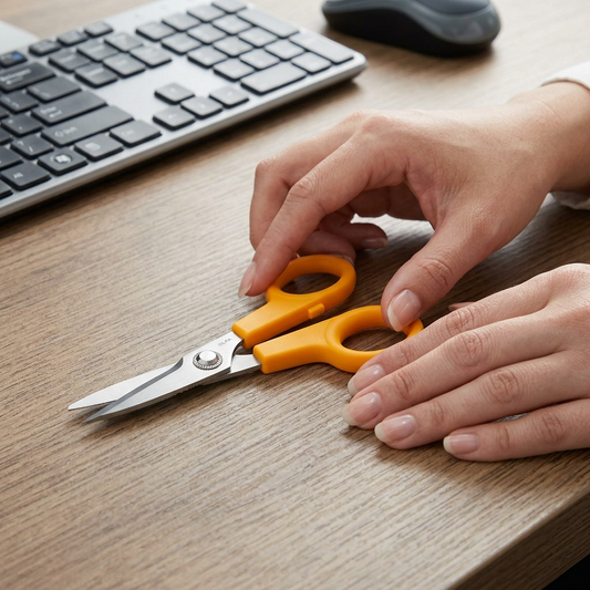 A person's hands hold the serrated-edge scissors over a desk, illustrating product size.