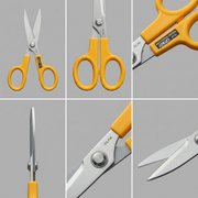 A product matrix showing the OLFA SCS-1 scissors in multiple useful angles against a premium grey background.