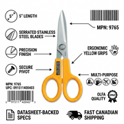 Neutral ecommerce confidence visual matrix for the precisely rendered Olfa SCS-1 5" Scissors (MPN: 9765) from image_0.png, featuring accurate components, materials, dimensions, specific model details (UPC: 091511400403), and factual icons for Fast Canadian Shipping, and build quality, with data-driven cutes and a focus on product authority. Simple icons and short, readable factual text are arranged around the exact product visual on a clean background, avoiding fake reviews or warranties.