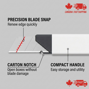 Operational feature callout graphic for Olfa CTN-1 Carton Cutter pointing to blade snap and carton notch.