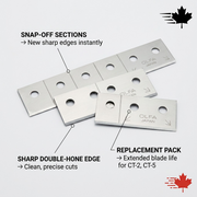 Olfa CTB-5 replacement blades with snap-off sections for new sharp edges and a sharp double-hone edge for precise cuts.