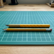 Olfa AK-1 Art Knife Beside a Standard Pencil on a Craft Mat, Demonstrating its Compact Size.