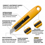 Feature callout graphic of the Olfa SK-7 knife, highlighting safety and practical benefits.