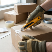 A lifestyle photo showing the Olfa SK-7 retracting small cardboard boxes in a clean workshop.