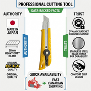 An infographic for the Olfa 18mm cut tool with data-backed authority facts and trust features.