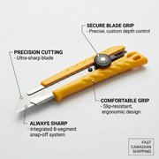 Olfa L-1 utility knife features highlighted for professional and precise cutting.