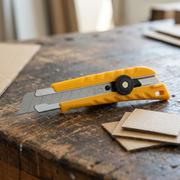 A close-up shot of the yellow Olfa 18mm L-1 Utility Knife lying on a workbench next to a stack of cardboard.