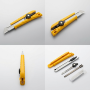 A matrix displaying the Olfa 18mm L-1 utility knife from four distinct, informative angles.