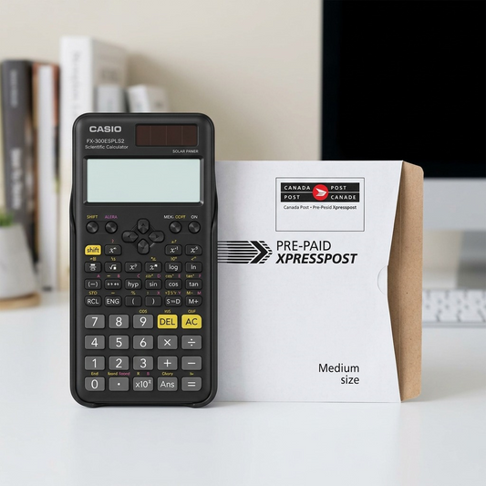 Black Casio FX-300ESPLS2 scientific calculator shown beside a Canada Post Xpresspost envelope for scale.