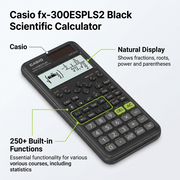 Casio fx-300ESPLS2 calculator featuring Natural Display for fractions and 250+ built-in functions.