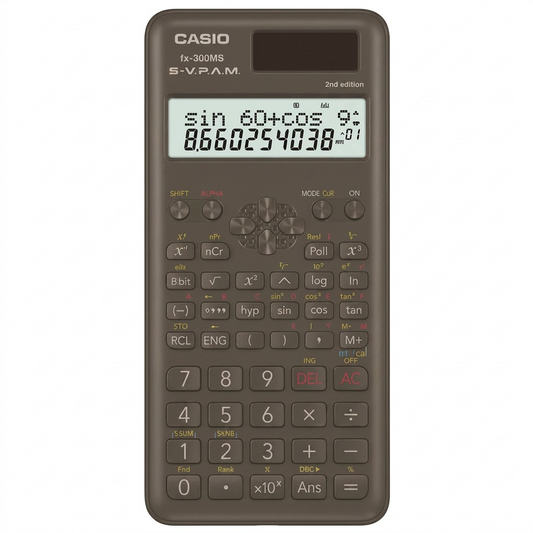 Casio FX-300MS Plus 2nd Edition scientific calculator with 2-line display on a white background.