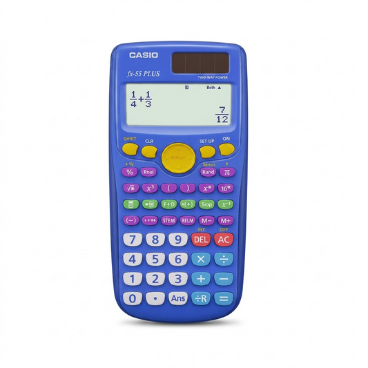 Blue Casio fx-55 PLUS natural textbook display scientific fraction calculator on a white background.