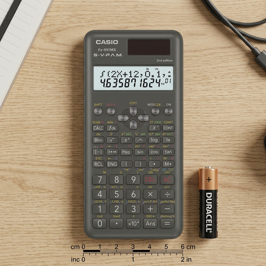 Casio FX991MSPLUS2 Scientific Calculator on a desk showing scale next to an AA battery and ruler.