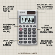 Feature diagram of Casio HS-8VA calculator highlighting the 8-digit display and solar dual power.
