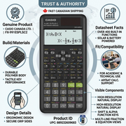 Infographic for Casio FX-991ESPLSC2 calculator featuring 400+ functions and dual power source.