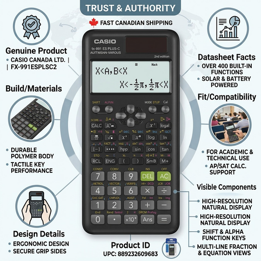 Infographic for Casio FX-991ESPLSC2 calculator featuring 400+ functions and dual power source.