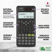 Casio FX-991ES PLUS 2nd Edition scientific calculator featuring Natural Textbook Display and solar power labels.