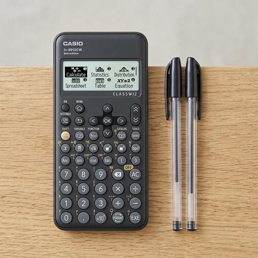 Black Casio FX-9910CW scientific calculator next to two pens on a wood desk for scale comparison.