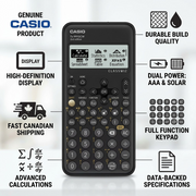 Casio FX-9910CW calculator infographic highlighting durable build, dual power, and fast Canadian shipping.