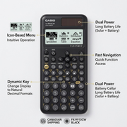 Casio FX-9910CW scientific calculator with feature callouts for dual power and icon-based menus.