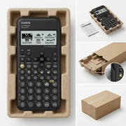 Unboxing the Casio FX-9910CW calculator showing protective molded pulp tray and shipping box.