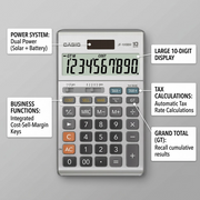 Casio JF-100MS desk calculator with callouts for dual power, 10-digit display, and tax functions.