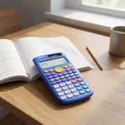 Blue Casio FX-55PLUS fraction calculator on a wooden desk with a textbook and pencil.