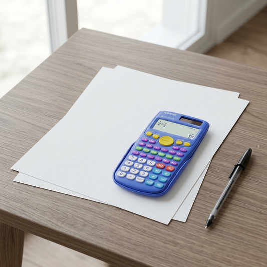 A blue Casio FX-55PLUS fraction calculator shown for scale on a desk with paper and a pen.