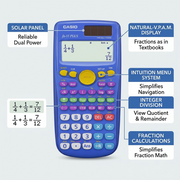 Casio fx-55 PLUS calculator features including solar power, textbook display, and fraction math.