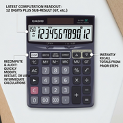 Casio DJ-120D desktop calculator feature diagram highlighting the 12-digit display and 150-step check.