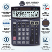 Casio DJ-120D desktop calculator infographic highlighting 12-digit display and durable build.