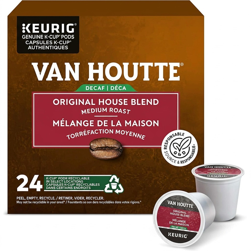 A high-resolution, centered view of the Keurig Canada Inc. COFFEE-K CUP VAN HOUTTE ORIGINAL HOUSE DECAF 24/BX retail box and K-Cup pods, set against a seamless white background.