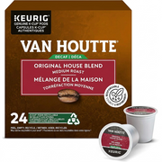 A high-resolution, centered view of the Keurig Canada Inc. COFFEE-K CUP VAN HOUTTE ORIGINAL HOUSE DECAF 24/BX retail box and K-Cup pods, set against a seamless white background.