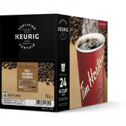 A crisp white background showcases a black 24-count box of Tim Hortons Colombian K-Cup coffee.