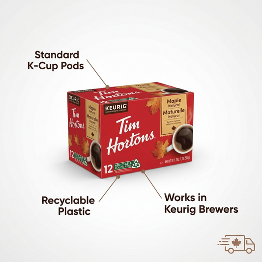 Feature callout image for Tim Hortons Maple 12ct K-Cup pods, highlighting use with Keurig brewers and recyclable materials.