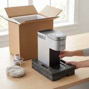 A Keurig K-Suite coffee maker, as seen in image_0.png, partially unboxed, emerging from form-fitting protective foam inside a clean, open cardboard shipping box on a table. The top control panel is visible, and the foam inserts are intact and supportive. A stack of K-Cup pods is next to the box. No external logos or text are visible, only the 'KEURIG' text on the product itself. The lighting is soft and photorealistic.