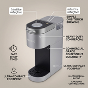 An e-commerce feature callout image for the Keurig K-Suite commercial brewer, highlighting its UL rating and fast brew times.