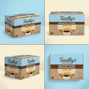 A premium grid showing the Timothy's Breakfast Blend 48Ct box from frontal, side, and top views on a solid background.