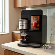 A lifestyle image showing the visual reference Keurig K4500 coffee maker on a clean breakroom counter, actively steaming into a clear mug, with pods nearby.
