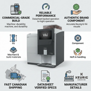 Trust infographic featuring Vki Eccellenza Touch brewer with shipping and spec icons.