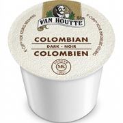 A high-resolution, centered photograph of a single Van Houtte Colombian Dark K-Cup coffee pod, as shown in image_0.png, resting on a pure white, seamlessly lit background. A subtle, soft shadow grounds the pod. All labeling on the lid, including the Van Houtte logo and text, is perfectly preserved and sharp, with the white pod body clean and perfectly defined.