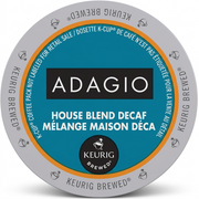 A crisp, high-resolution hero shot of a single Keurig Adagio House Blend Decaf K-Cup, showcasing its specific lid label and grey cup, centered, against a pure white background with realistic lighting and clean shadow.