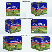 An ecommerce-style product matrix showing six identical boxes of Keurig Timothy's Toffee coffee, seen from different useful angles on a clean grid.